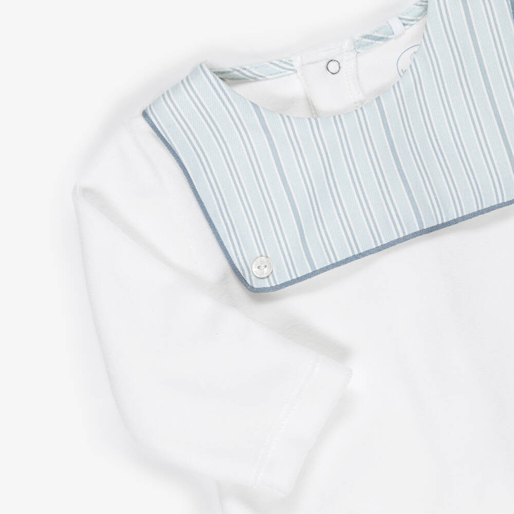 Laranjinha-Boys White Velour Babygrow with Striped Bib | Childrensalon