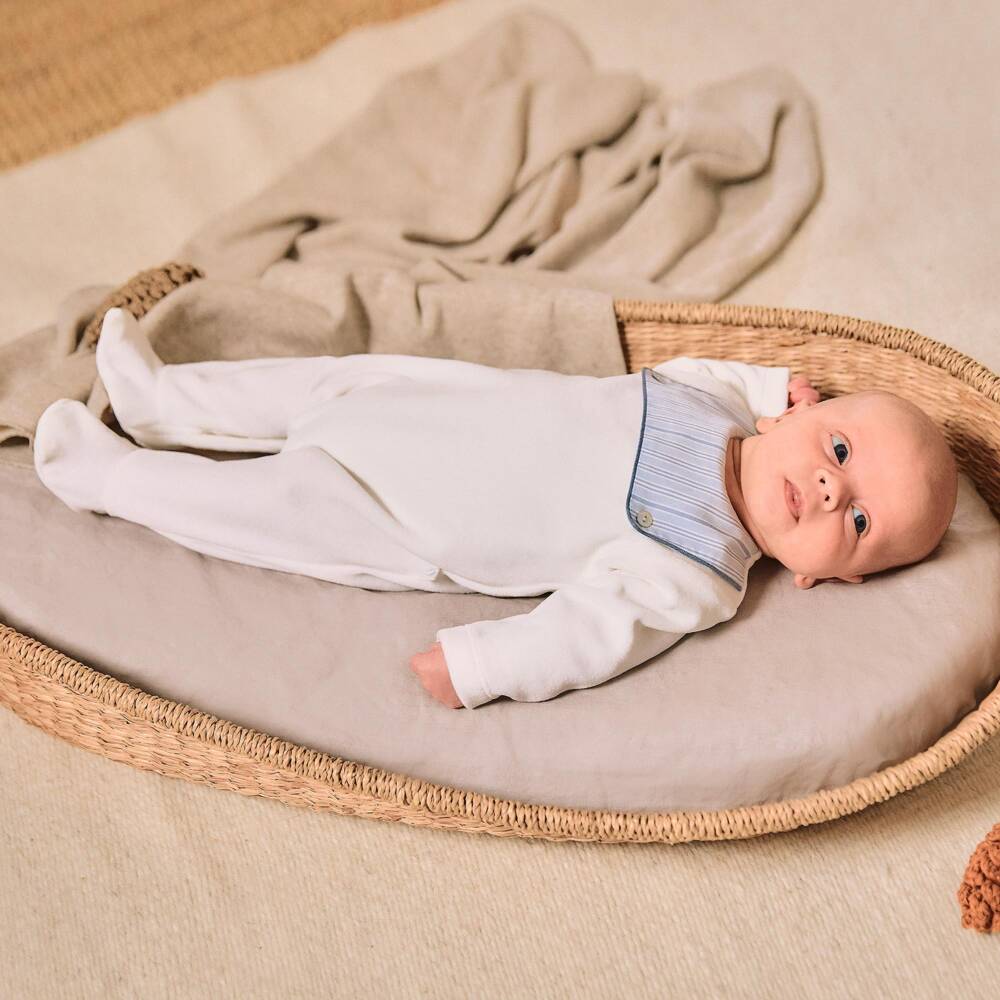 Laranjinha-Boys White Velour Babygrow with Striped Bib | Childrensalon