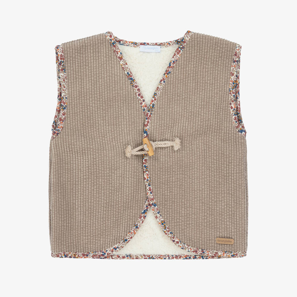 Laranjinha-Girls Beige Corduroy & Faux Fur Waistcoat | Childrensalon