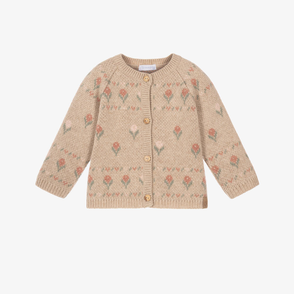 Laranjinha-Girls Beige Floral Knit Cardigan | Childrensalon