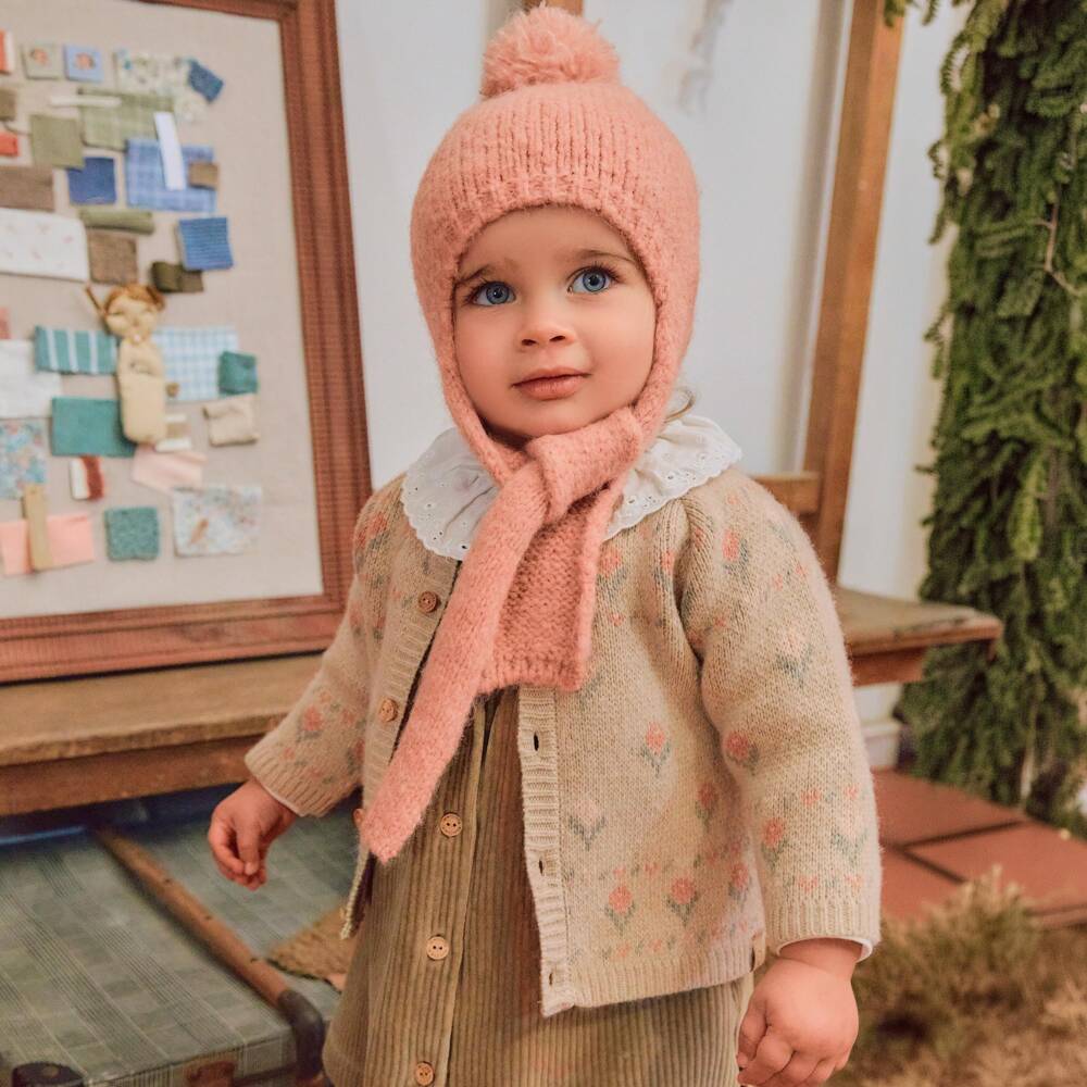 Laranjinha-Girls Beige Floral Knit Cardigan | Childrensalon