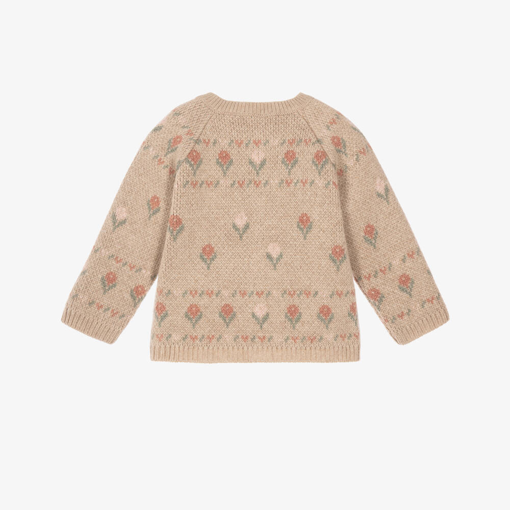 Laranjinha-Girls Beige Floral Knit Cardigan | Childrensalon