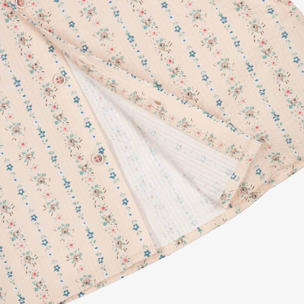 Laranjinha-Girls Beige Floral Print Cotton Seersucker Blouse | Childrensalon
