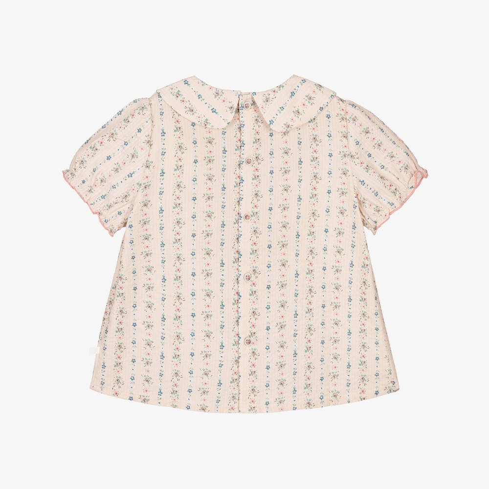 Laranjinha-Girls Beige Floral Print Cotton Seersucker Blouse | Childrensalon