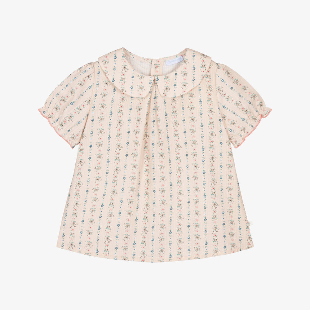 Laranjinha-Girls Beige Floral Print Cotton Seersucker Blouse | Childrensalon