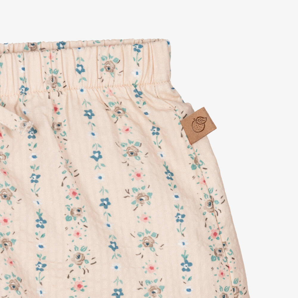 Laranjinha-Girls Beige Floral Print Cotton Seersucker Shorts | Childrensalon