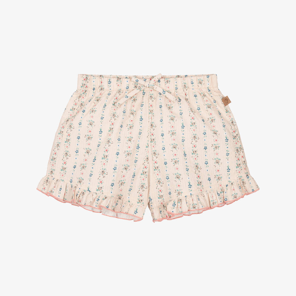 Laranjinha-Girls Beige Floral Print Cotton Seersucker Shorts | Childrensalon