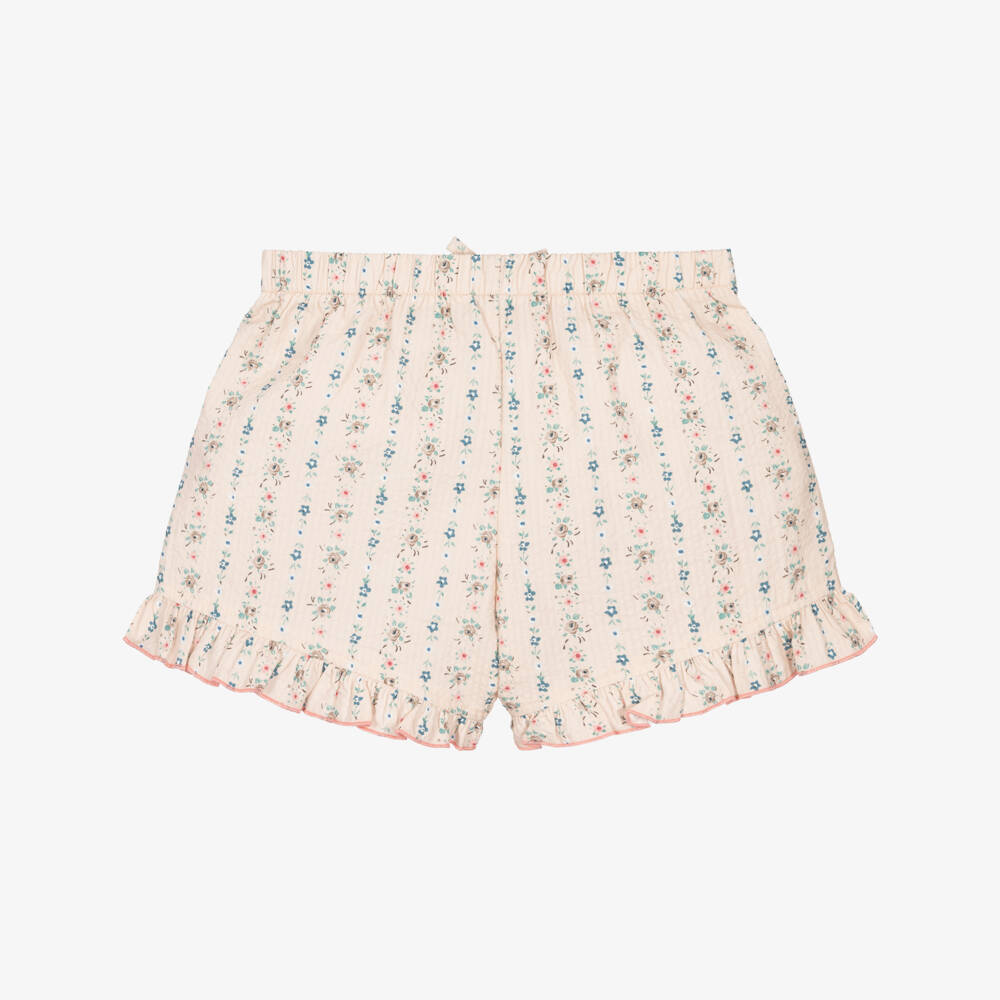 Laranjinha-Girls Beige Floral Print Cotton Seersucker Shorts | Childrensalon