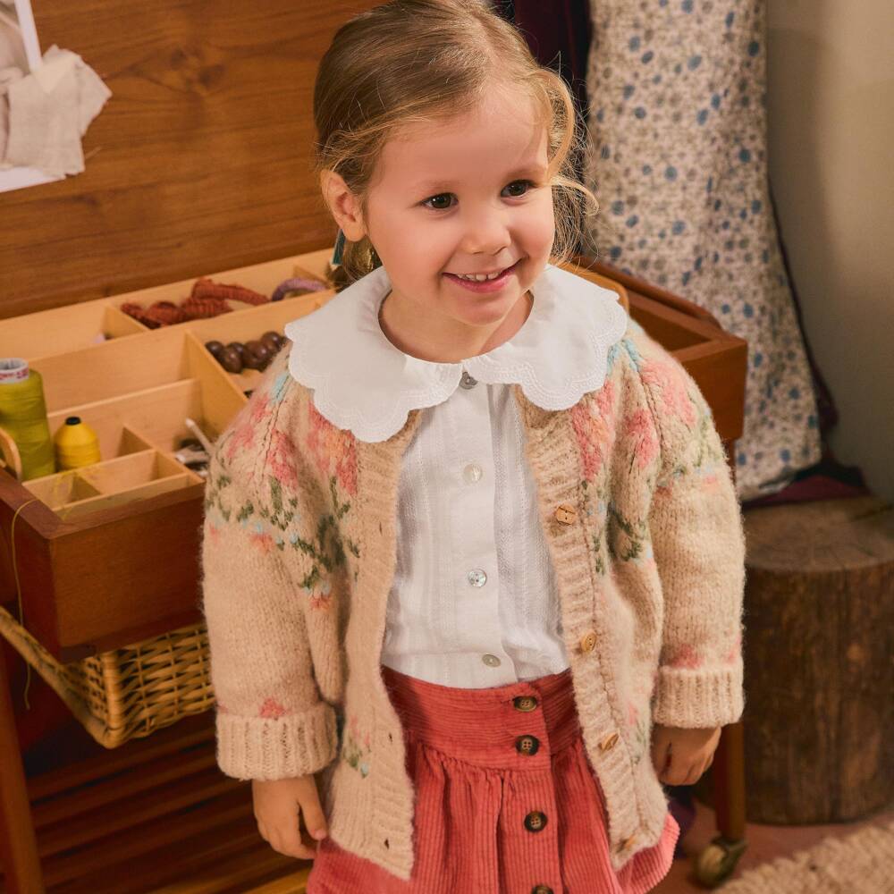 Laranjinha-Girls Beige & Pink Floral Cardigan | Childrensalon
