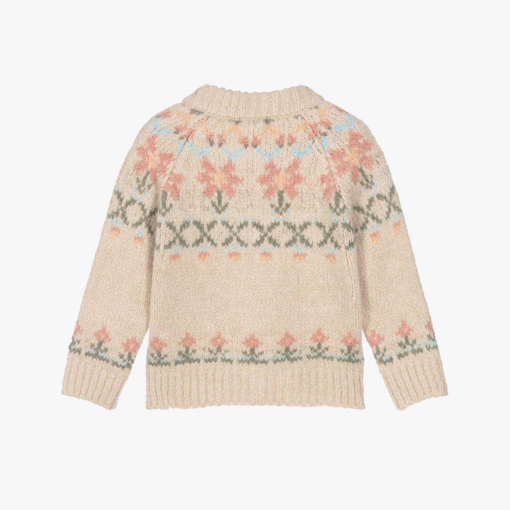 Laranjinha-Girls Beige & Pink Floral Cardigan | Childrensalon
