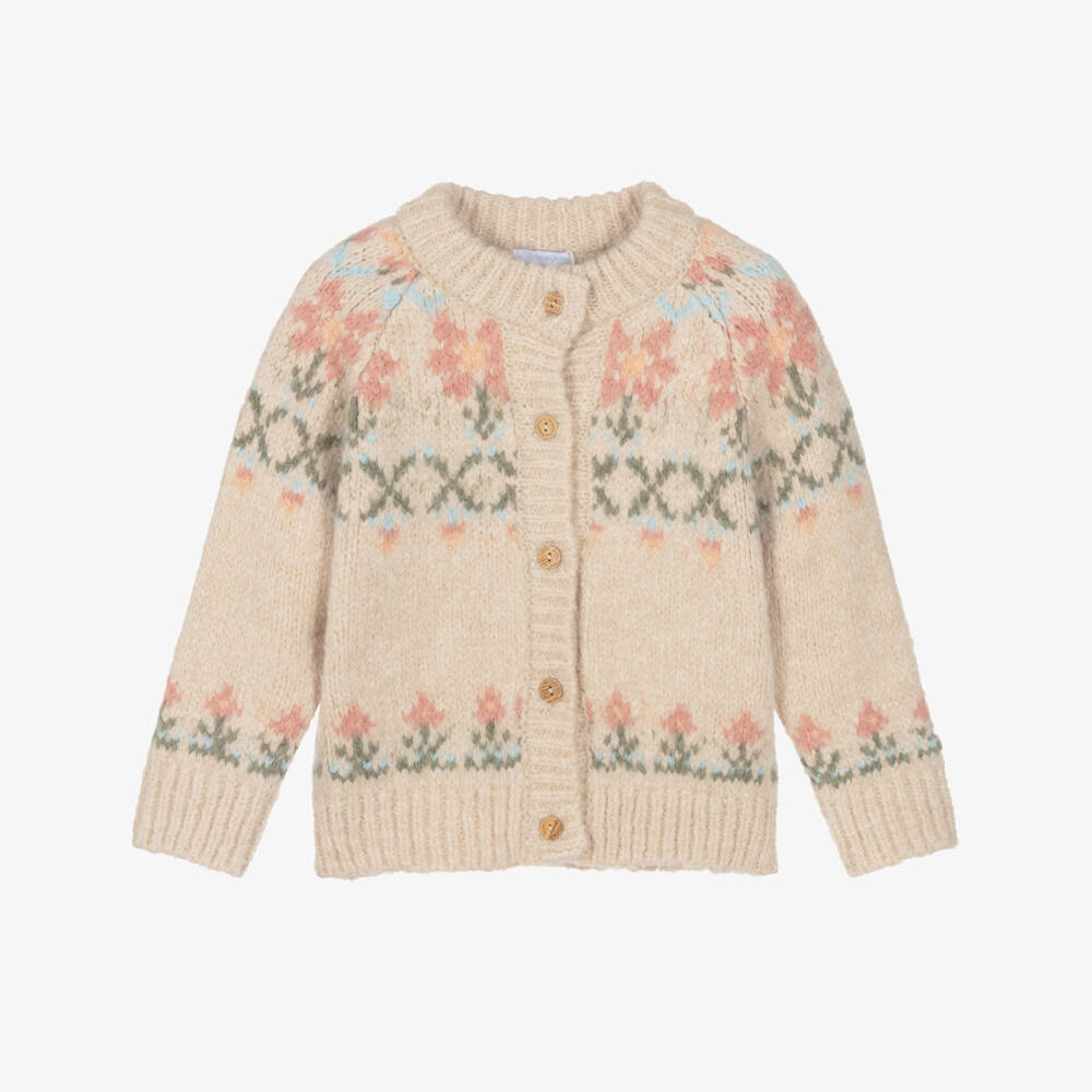 Laranjinha-Girls Beige & Pink Floral Cardigan  | Childrensalon