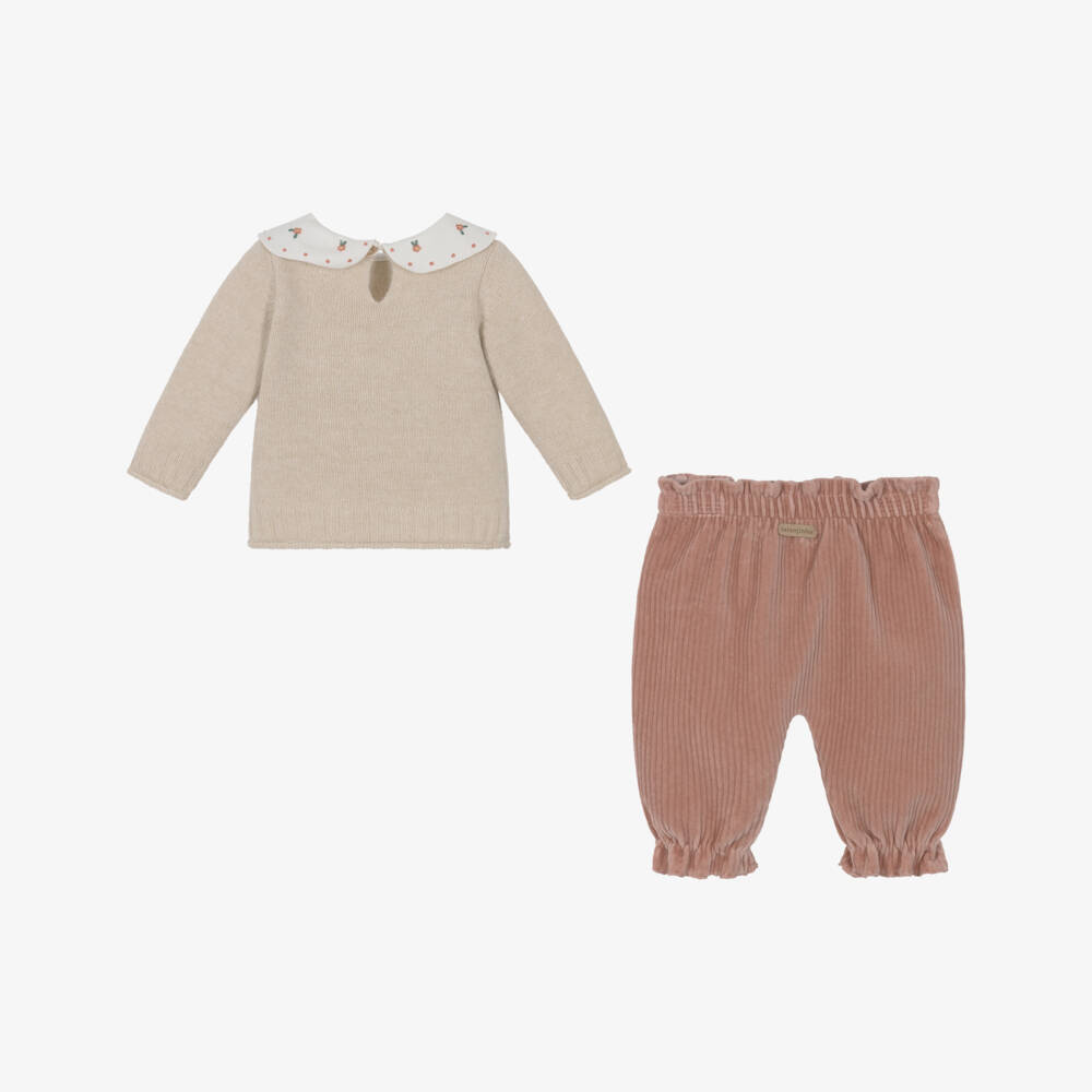 Laranjinha-Girls Beige & Pink Wool & Corduroy Trouser Set | Childrensalon