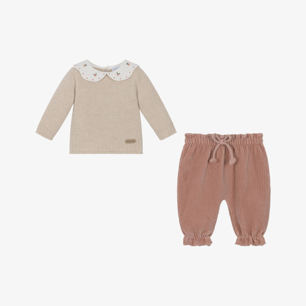 Laranjinha-Girls Beige & Pink Wool & Corduroy Trouser Set | Childrensalon