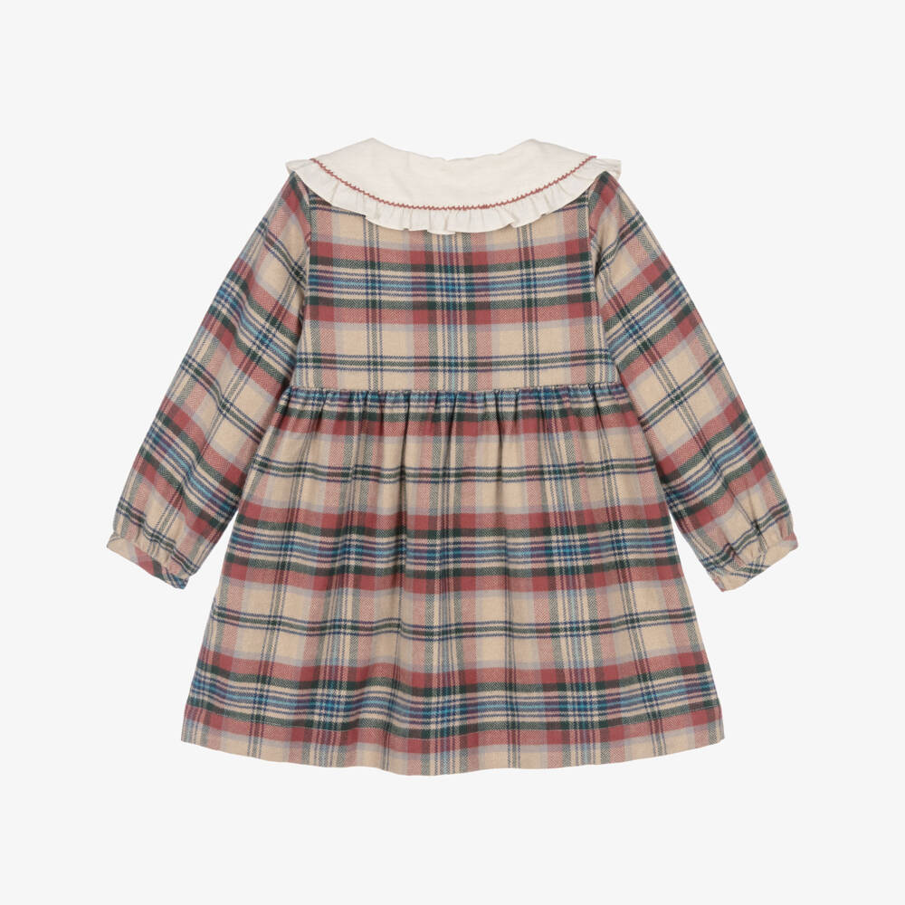 Laranjinha-Girls Beige & Red Check Brushed Cotton Dress | Childrensalon