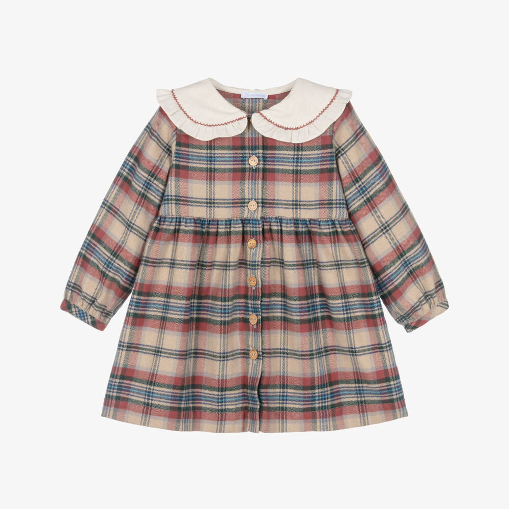 Laranjinha-Girls Beige & Red Check Brushed Cotton Dress | Childrensalon