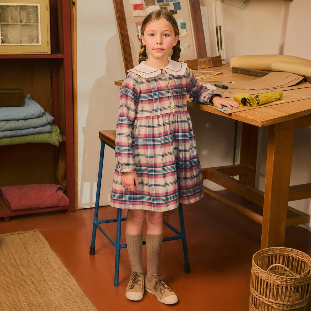Laranjinha-Girls Beige & Red Check Brushed Cotton Dress | Childrensalon