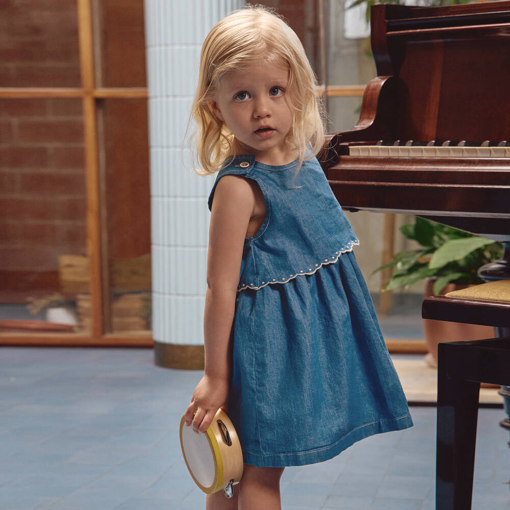 Laranjinha-Girls Blue Chambray Layered Dress | Childrensalon