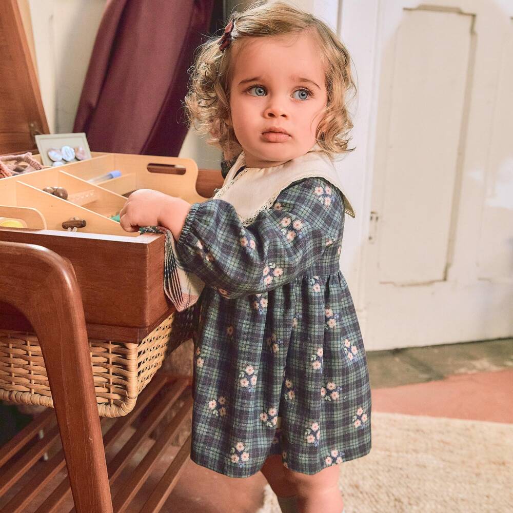Laranjinha-Girls Blue Check Cotton Dress with Pink Flowers | Childrensalon