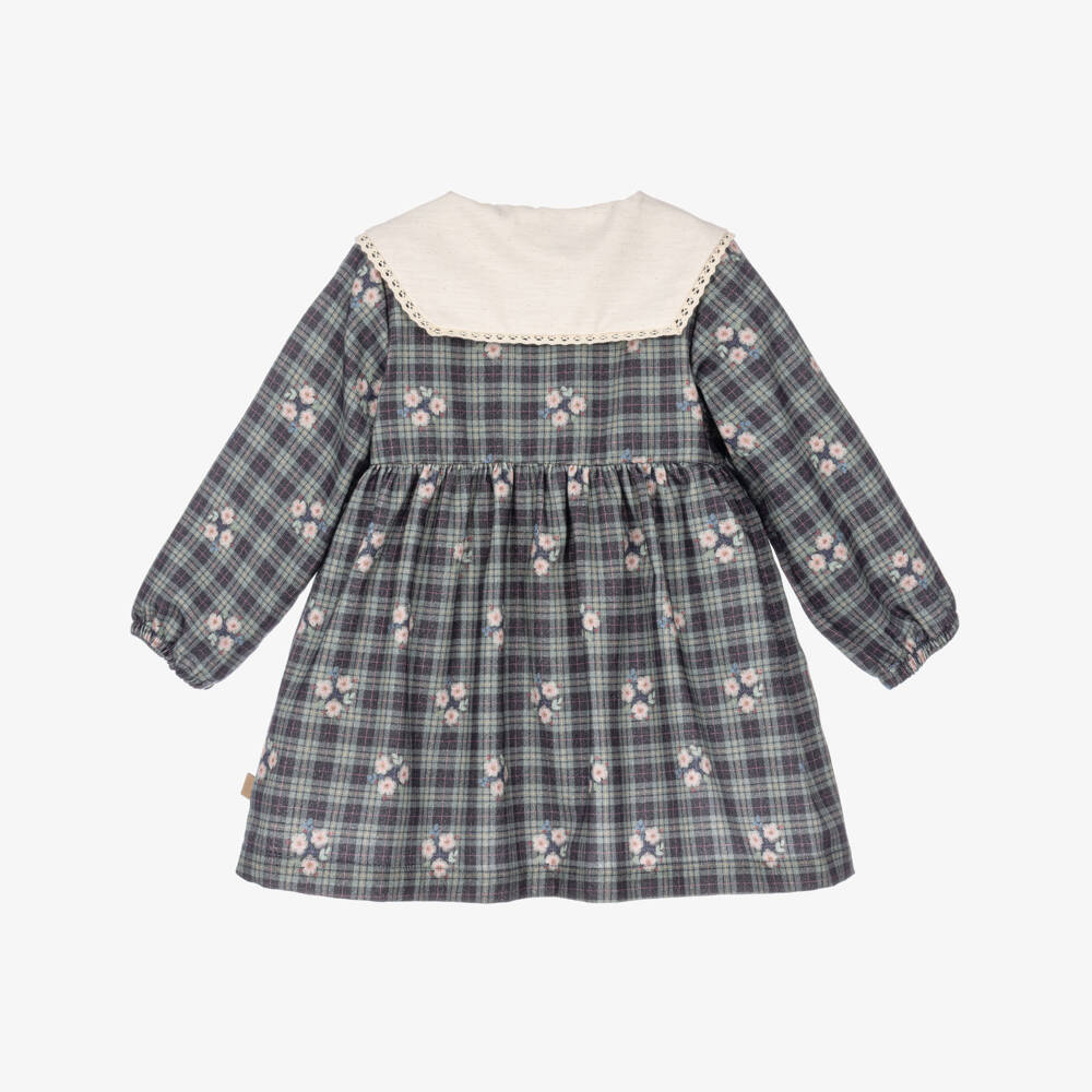 Laranjinha-Girls Blue Check Cotton Dress with Pink Flowers | Childrensalon
