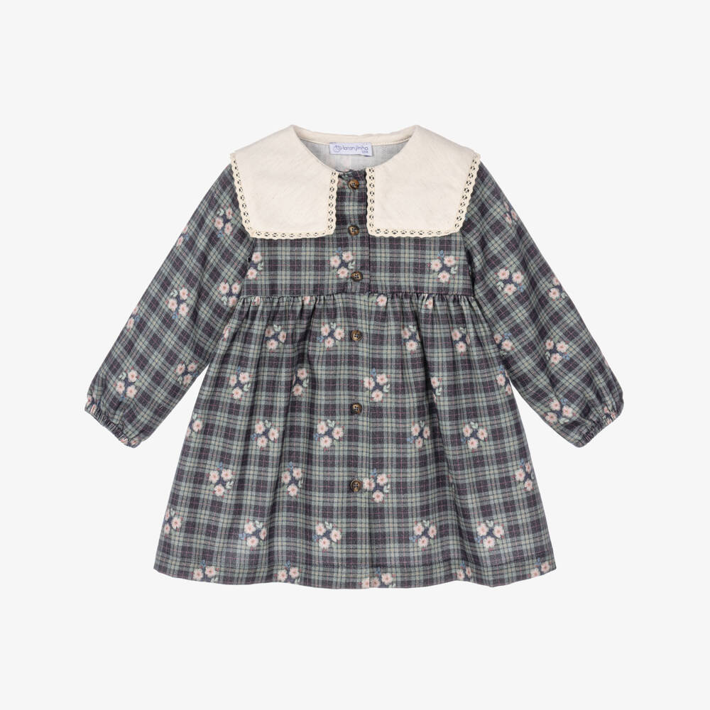 Laranjinha-Girls Blue Check Cotton Dress with Pink Flowers | Childrensalon