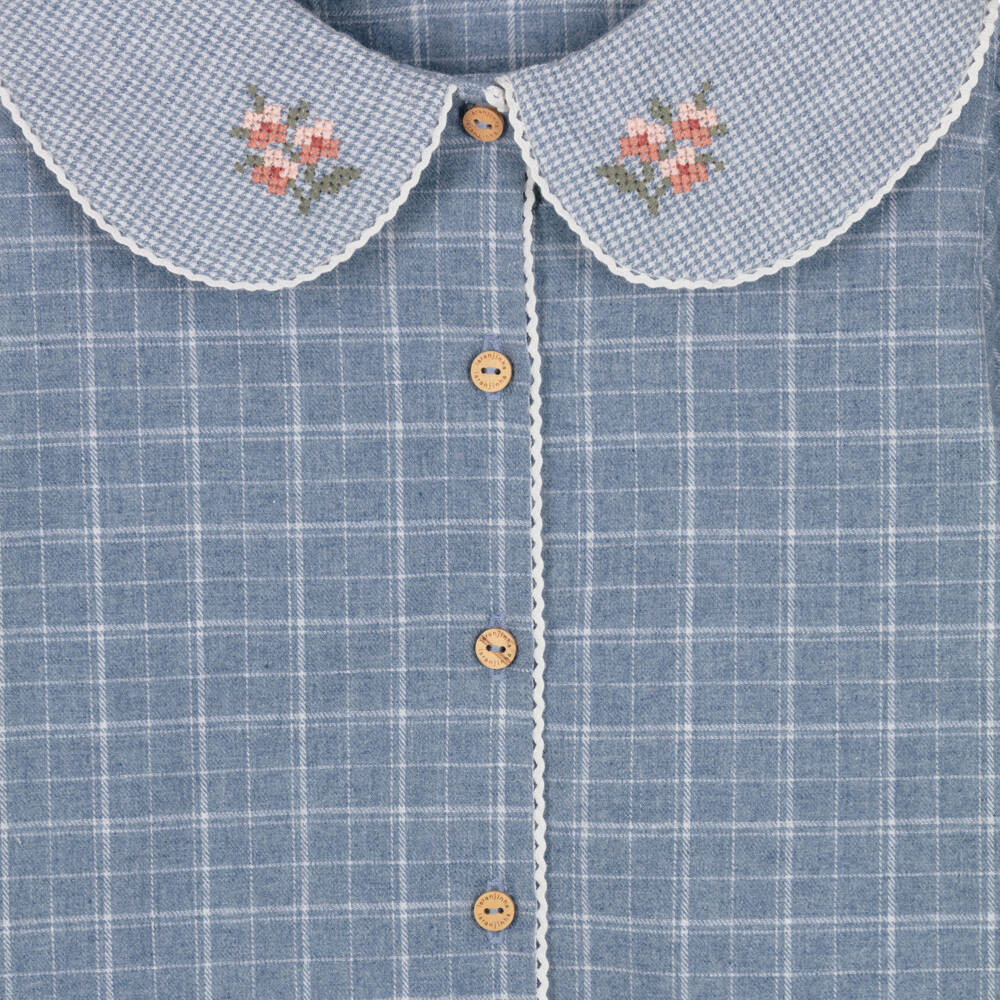 Laranjinha-Girls Blue Cotton Blouse with Floral Cross-Stitch Collar | Childrensalon