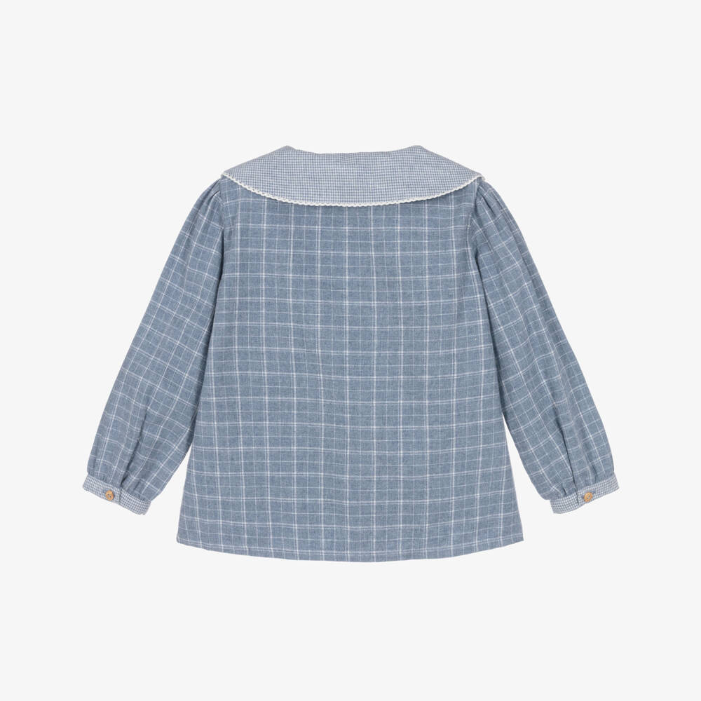 Laranjinha-Girls Blue Cotton Blouse with Floral Cross-Stitch Collar | Childrensalon