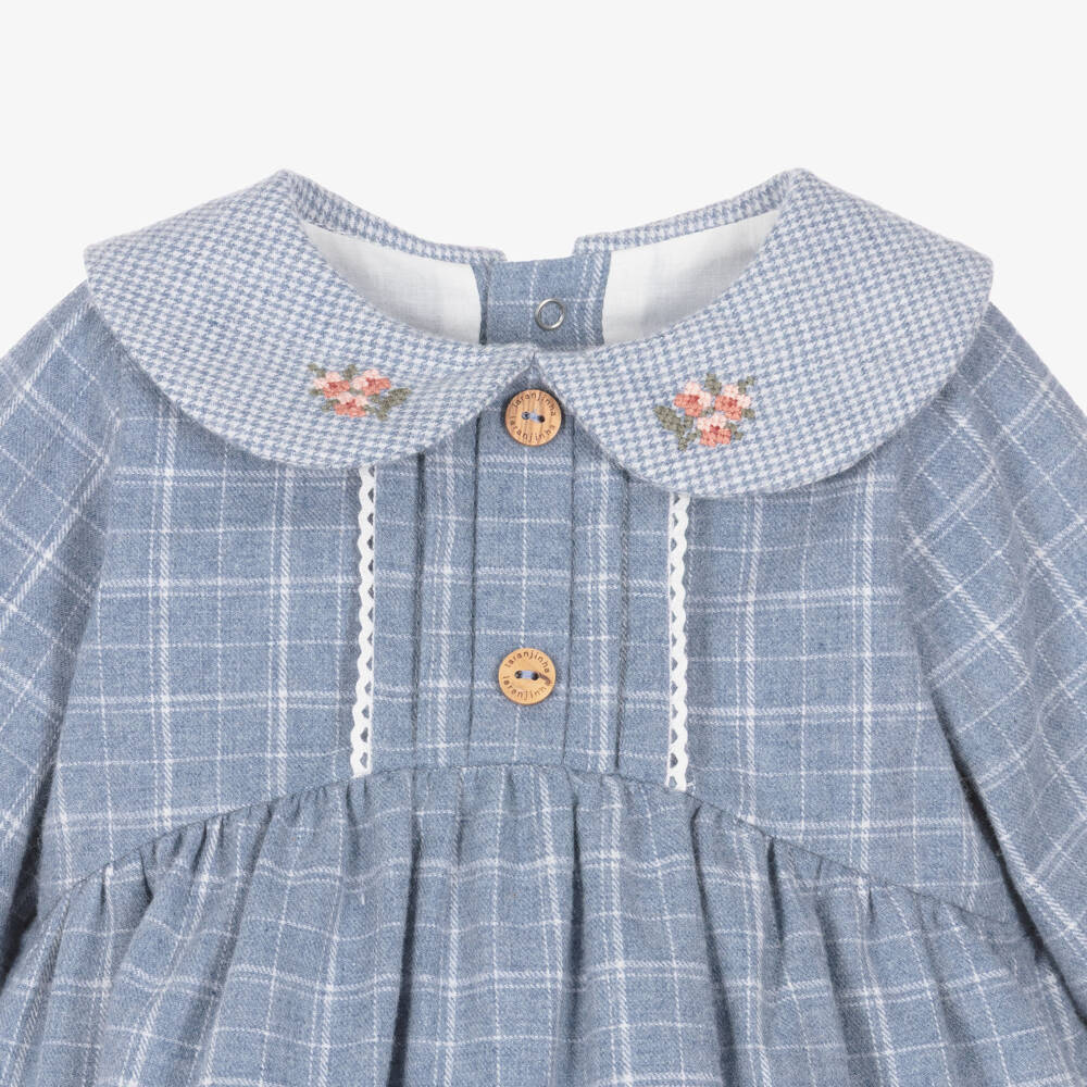 Laranjinha-Girls Blue Cotton Dress with Floral Cross-Stitch Collar | Childrensalon