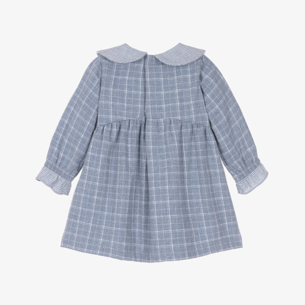 Laranjinha-Girls Blue Cotton Dress with Floral Cross-Stitch Collar | Childrensalon