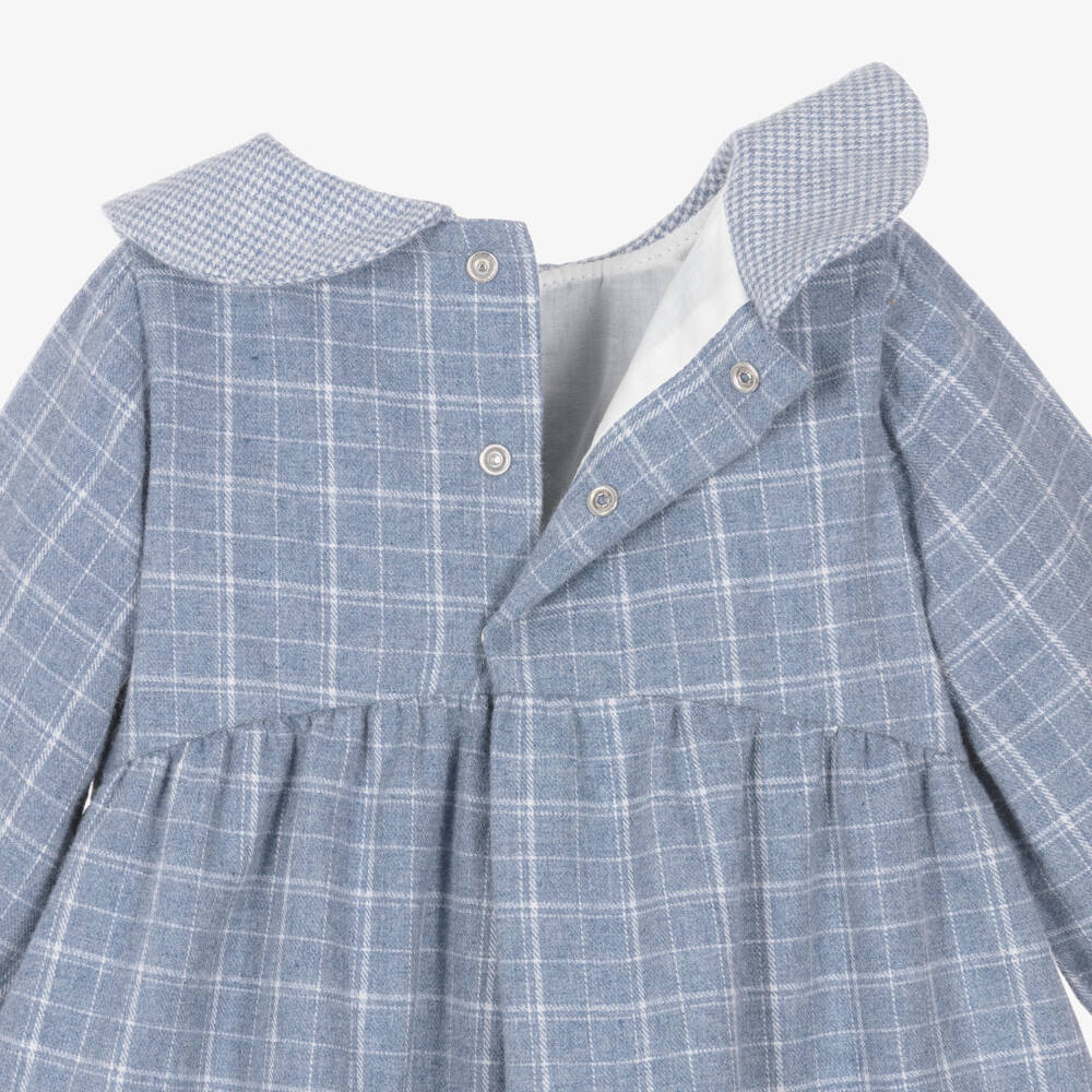 Laranjinha-Girls Blue Cotton Dress with Floral Cross-Stitch Collar | Childrensalon
