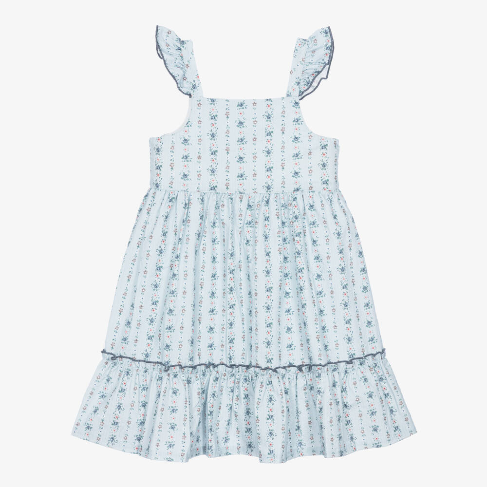 Laranjinha-Girls Blue Cotton Floral Print Sun Dress | Childrensalon