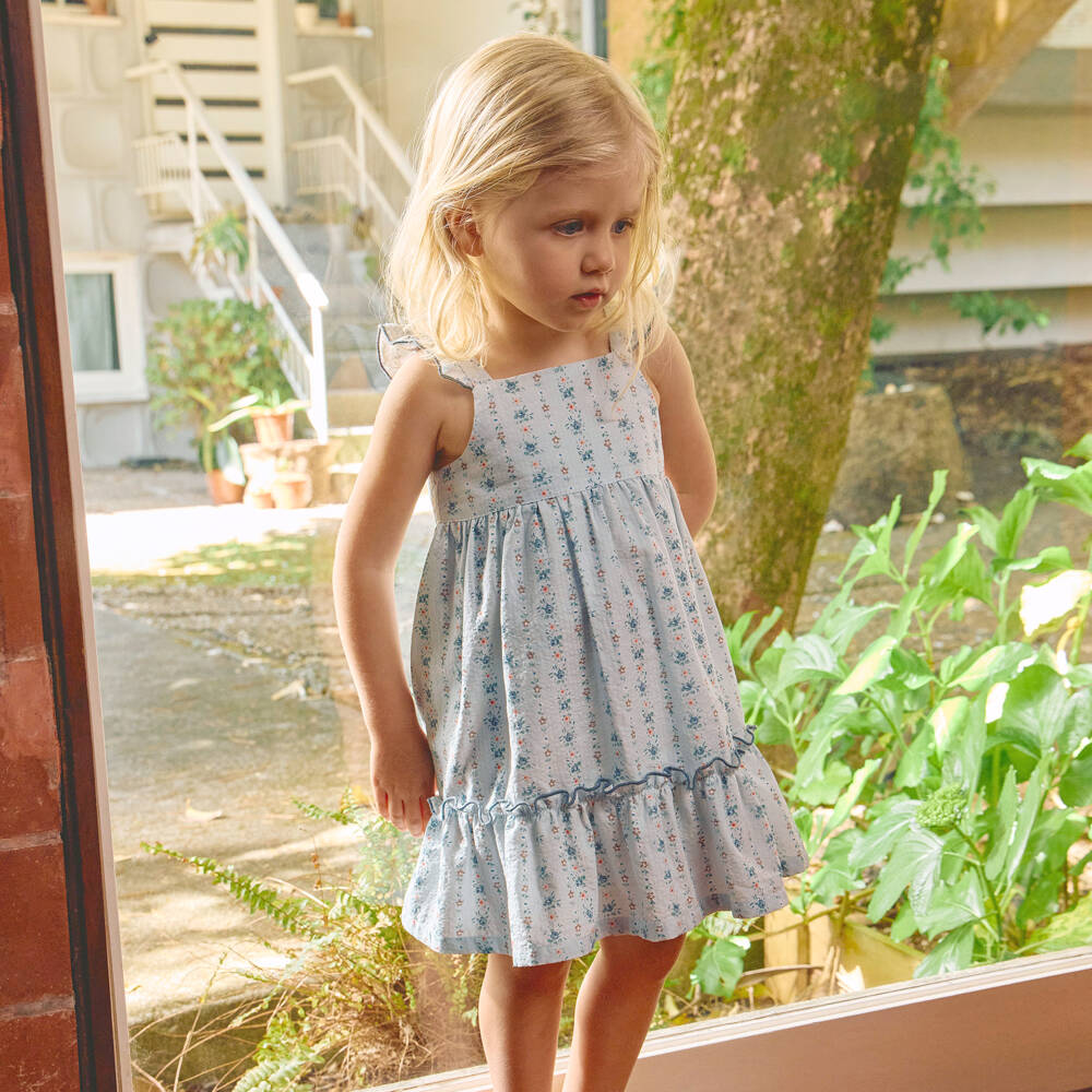 Laranjinha-Girls Blue Cotton Floral Print Sun Dress | Childrensalon