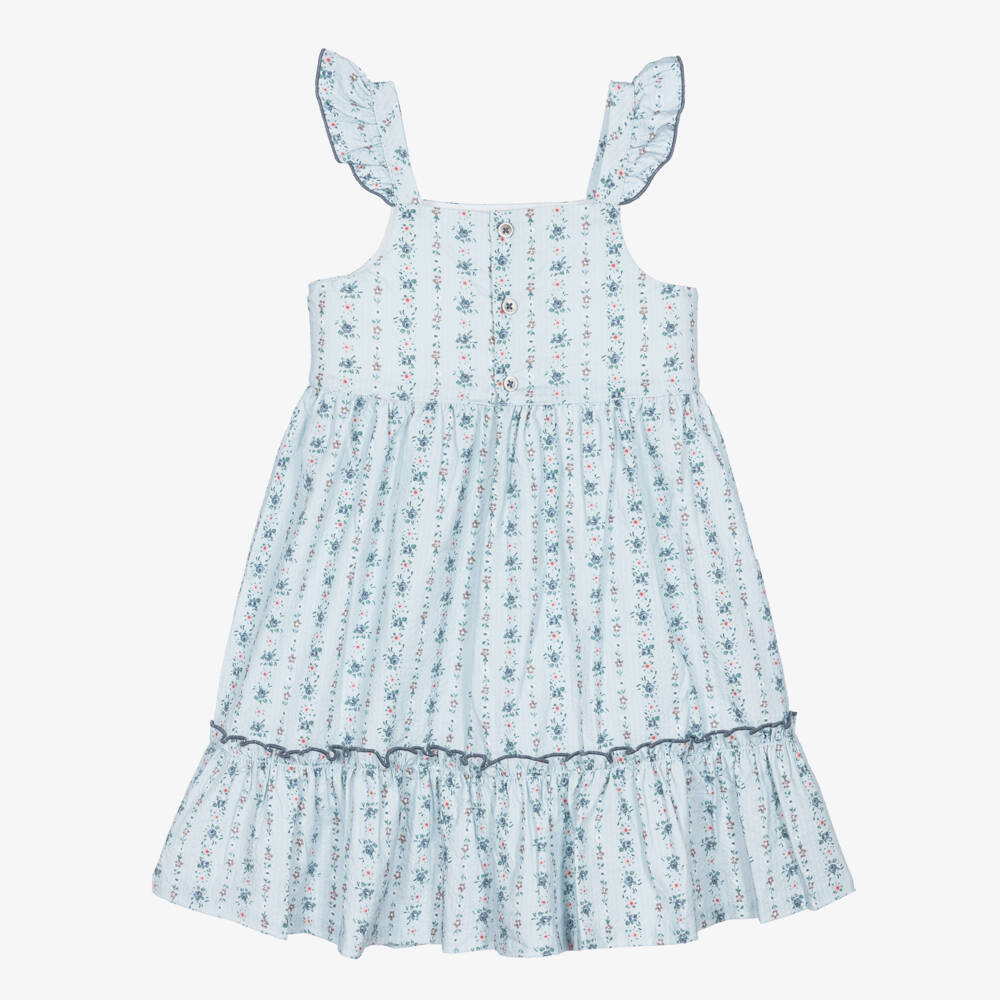Laranjinha-Girls Blue Cotton Floral Print Sun Dress | Childrensalon