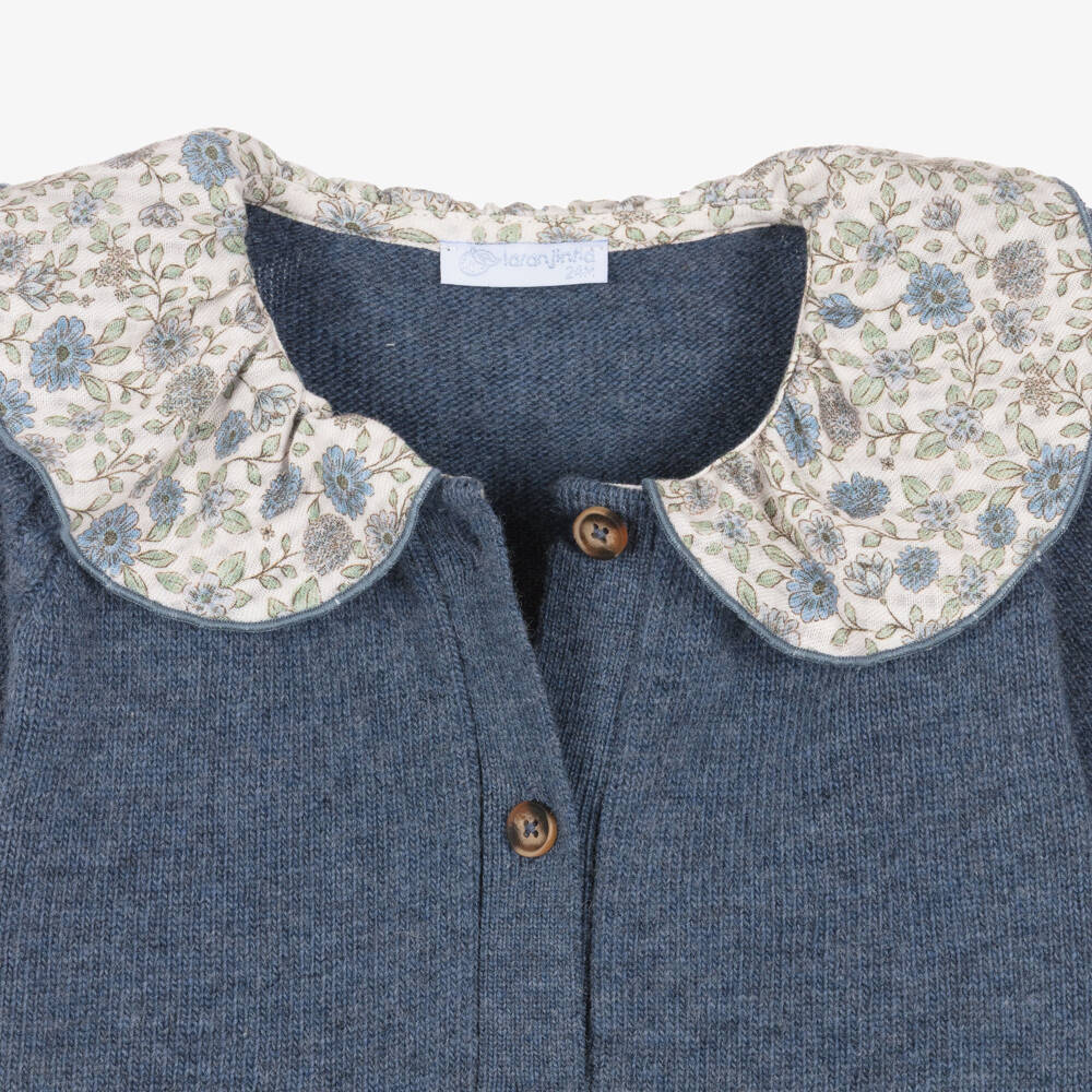 Laranjinha-Girls Blue Knitted Cardigan with Floral Collar | Childrensalon