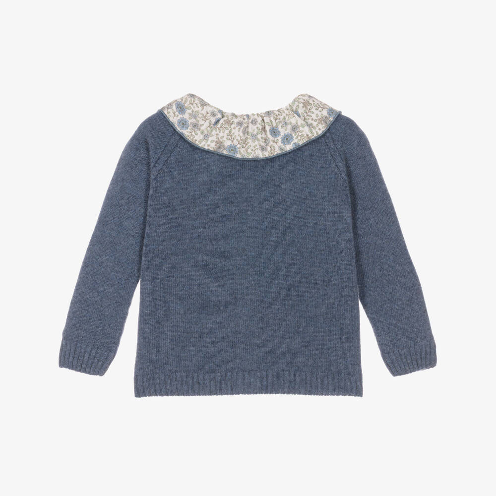 Laranjinha-Girls Blue Knitted Cardigan with Floral Collar | Childrensalon