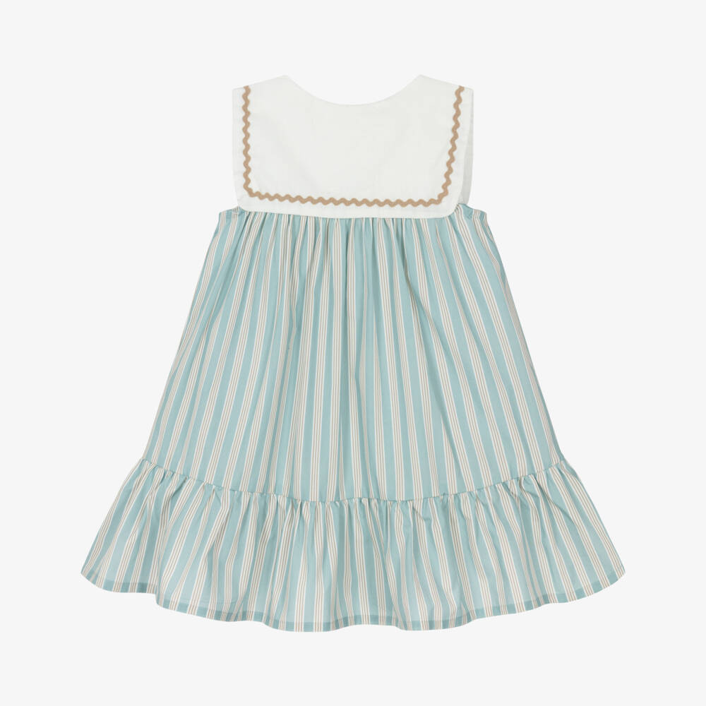 Laranjinha-Girls Blue Striped Cotton Dress with White Sailor Collar | Childrensalon