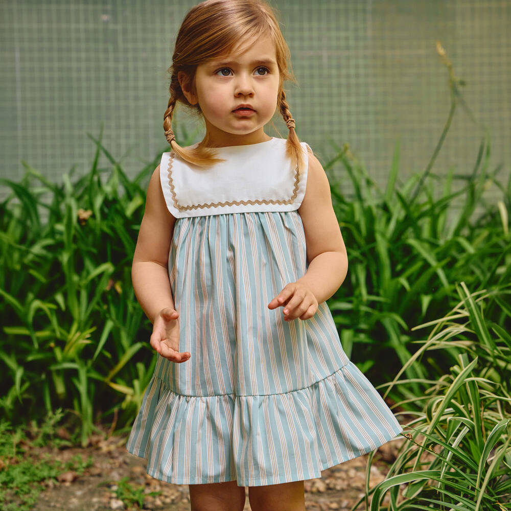 Laranjinha-Girls Blue Striped Cotton Dress with White Sailor Collar | Childrensalon
