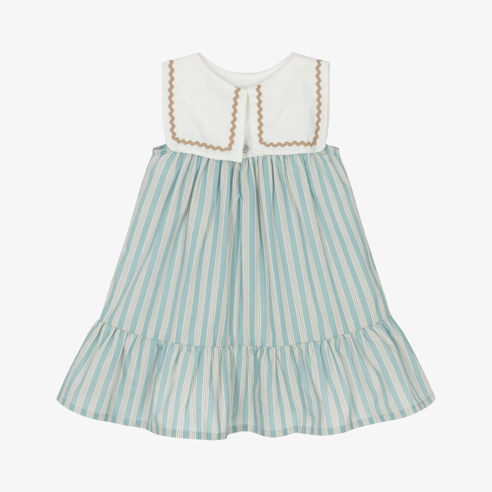 Laranjinha-Girls Blue Striped Cotton Dress with White Sailor Collar | Childrensalon