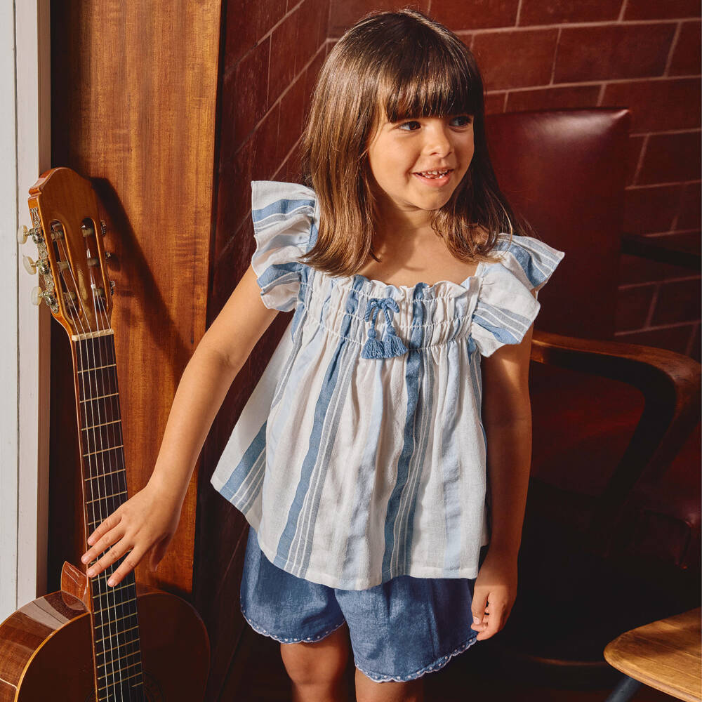 Laranjinha-Girls Blue Striped Cotton Top & Chambray Shorts Set | Childrensalon
