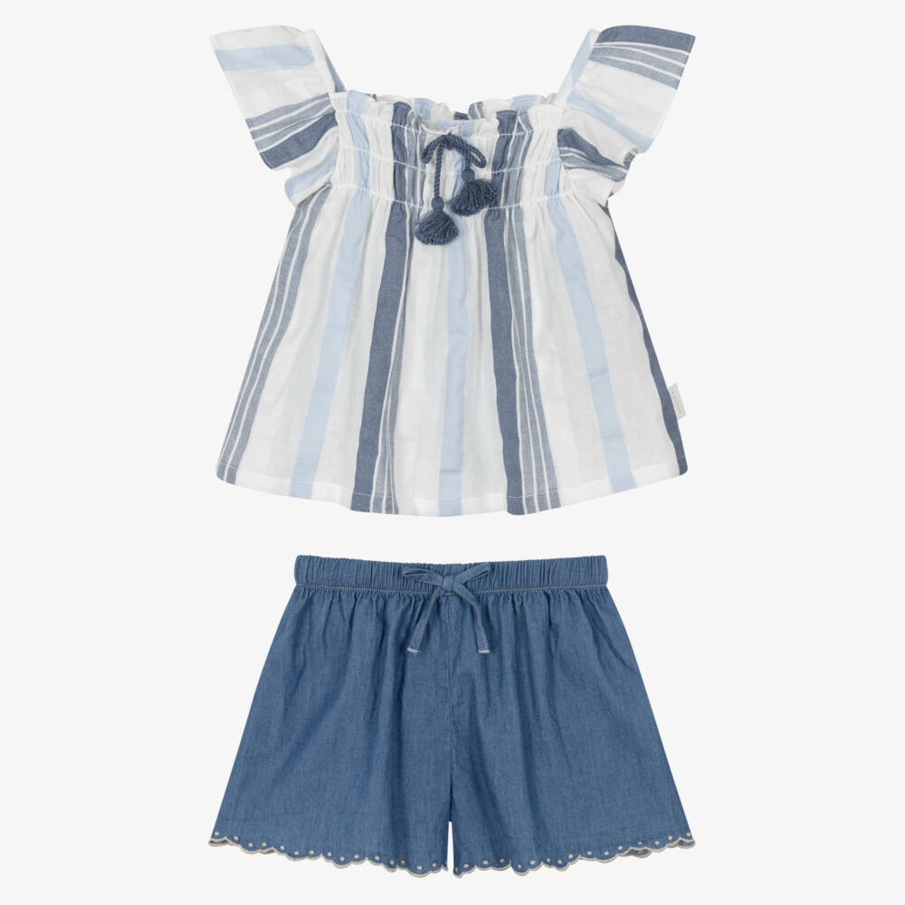 Laranjinha-Girls Blue Striped Cotton Top & Chambray Shorts Set | Childrensalon