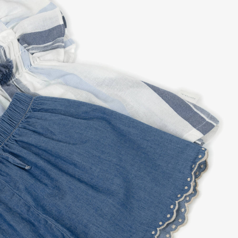 Laranjinha-Girls Blue Striped Cotton Top & Chambray Shorts Set | Childrensalon