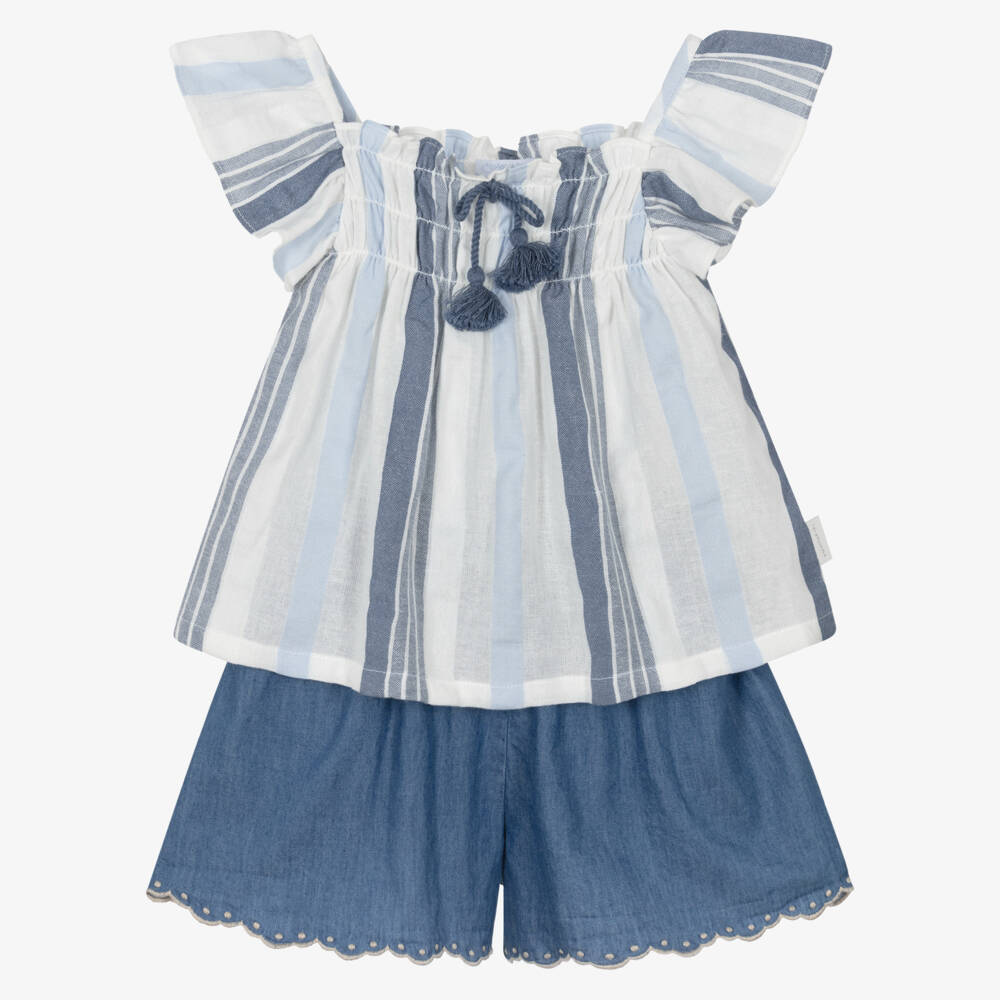 Laranjinha-Girls Blue Striped Cotton Top & Chambray Shorts Set | Childrensalon