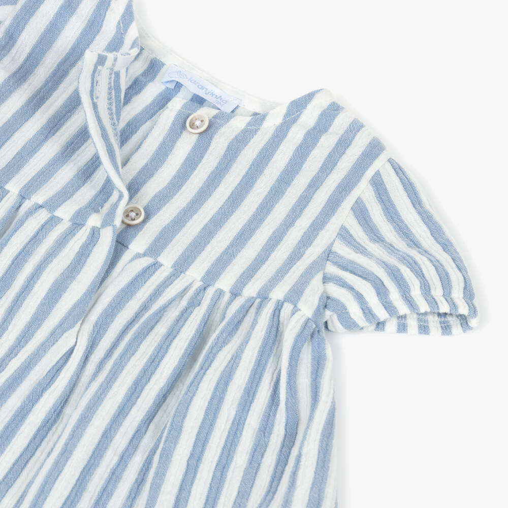 Laranjinha-Girls Blue & White Striped Cotton Cheesecloth Dress | Childrensalon