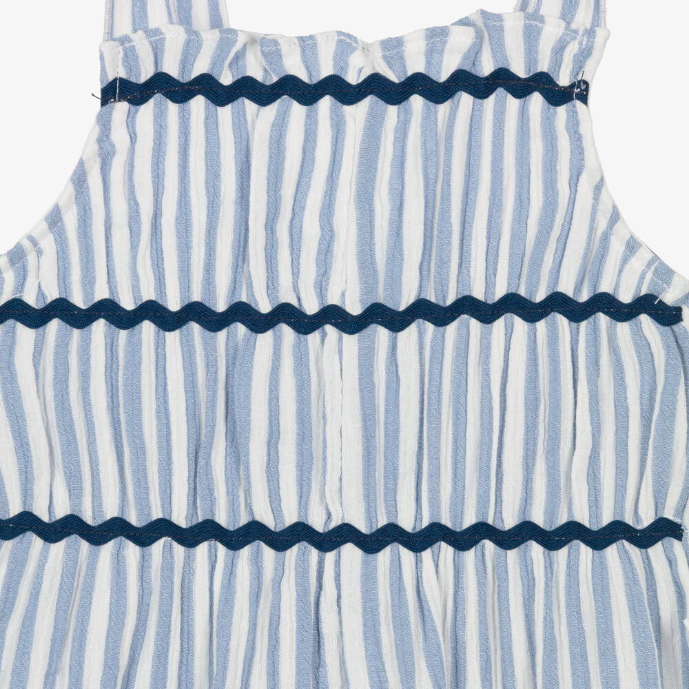 Laranjinha-Girls Blue & White Striped Cotton Jumpsuit | Childrensalon