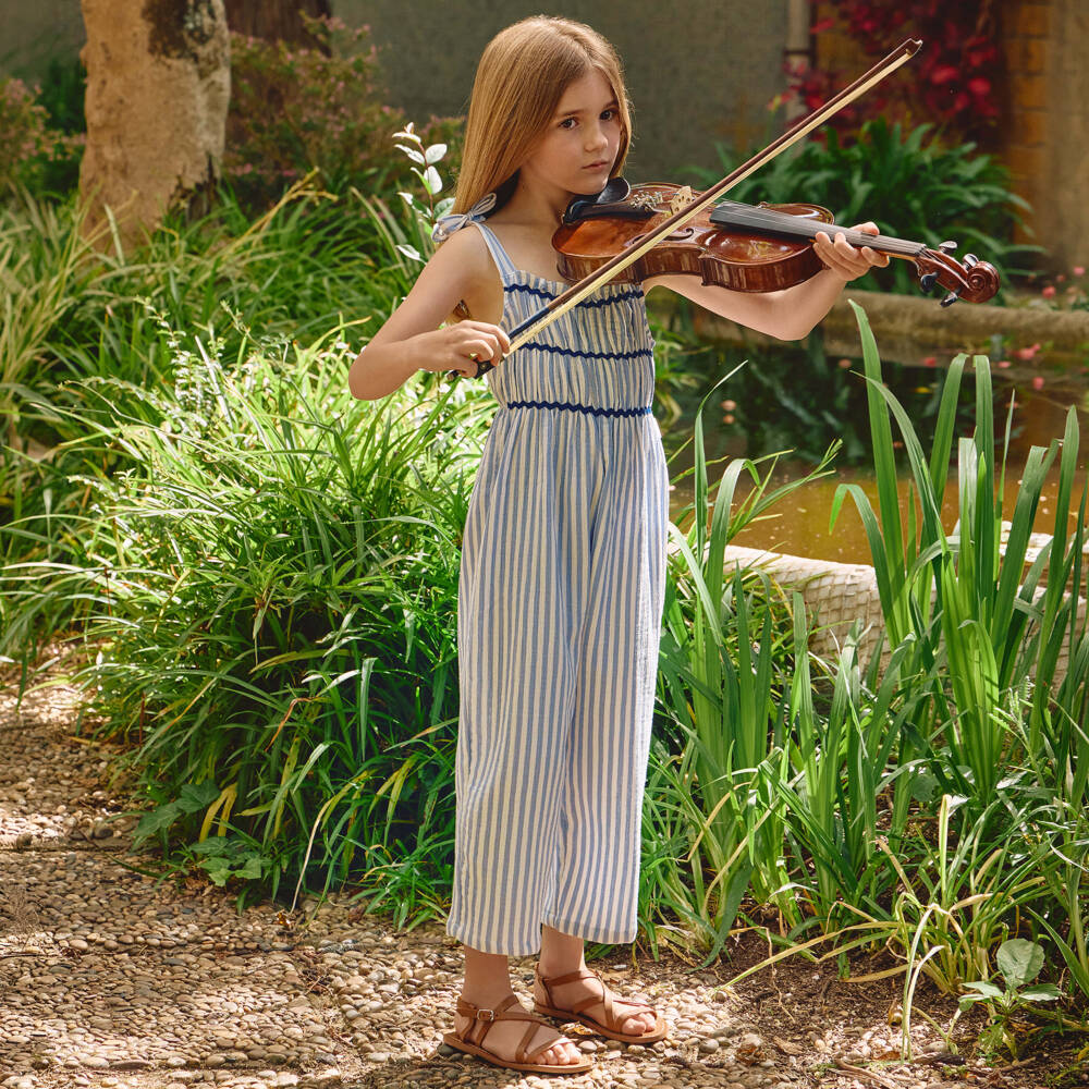 Laranjinha-جمبسوت قطن مقلم لون أبيض وأزرق للبنات | Childrensalon