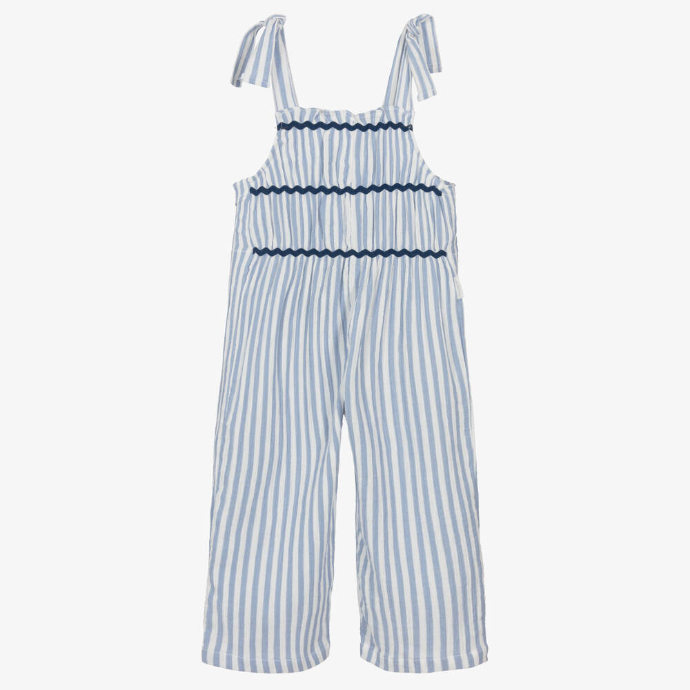 Laranjinha-Girls Blue & White Striped Cotton Jumpsuit | Childrensalon