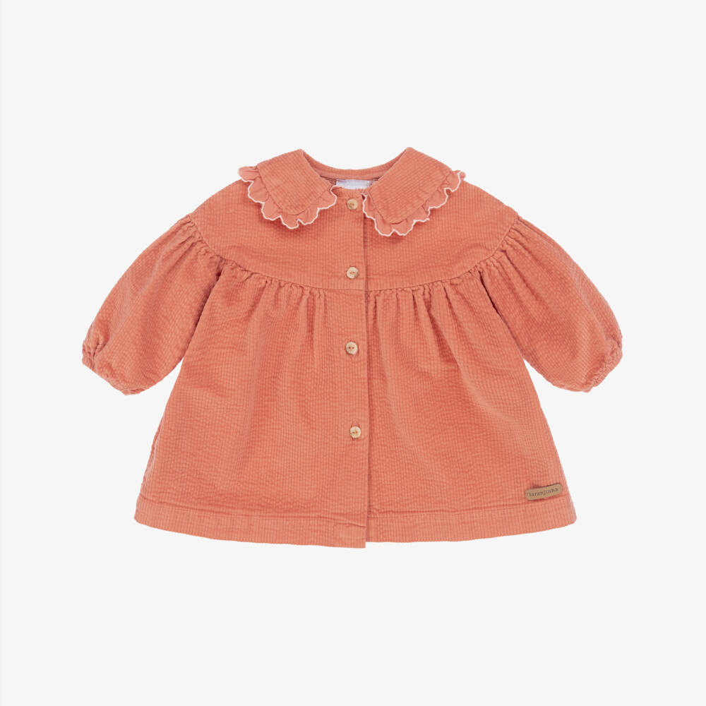 Laranjinha-Girls Coral Orange Corduroy Dress | Childrensalon