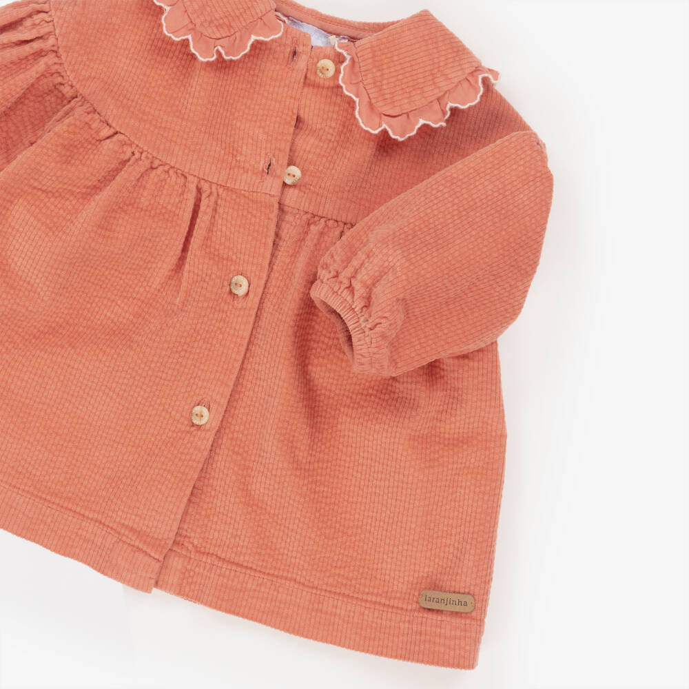 Laranjinha-Girls Coral Orange Corduroy Dress | Childrensalon