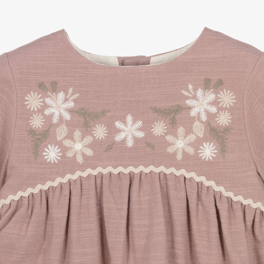 Laranjinha-Girls Dusky Pink Dress with Floral Embroidery | Childrensalon