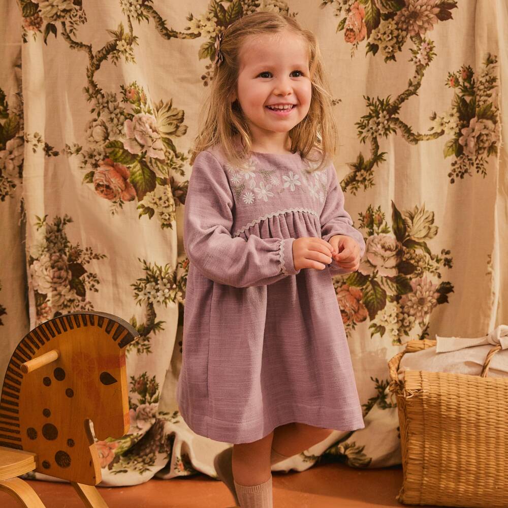 Laranjinha-Girls Dusky Pink Dress with Floral Embroidery | Childrensalon