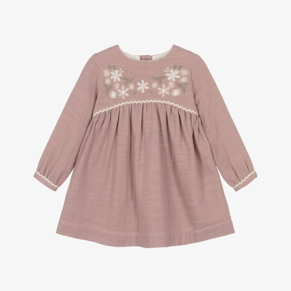 Laranjinha-Girls Dusky Pink Dress with Floral Embroidery | Childrensalon